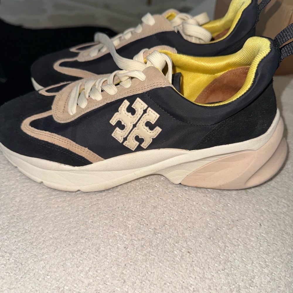 Tory Burch Black and Tan Sneakers with Yellow Accent